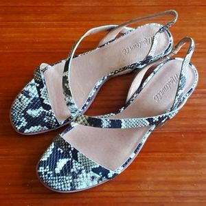 Madewell Heidi snake embossed slingback sandles.
